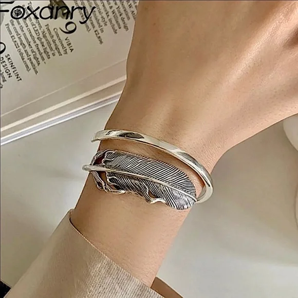 Silver Feather Bangle Cuff Bracelet - Picture 6 of 9